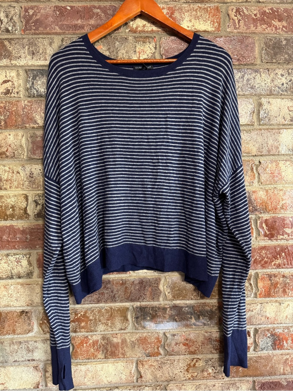 Eileen Fisher Navy and White 100% lightweight Sweater with thumb holes